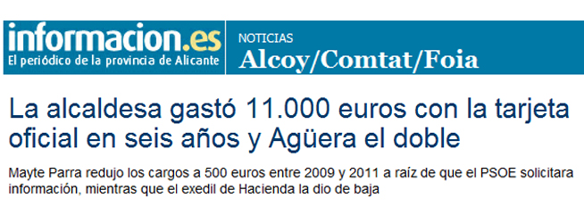 Información: «La alcaldesa gastó 11.000 euros con la tarjeta oficial en seis años y Agüera el doble»