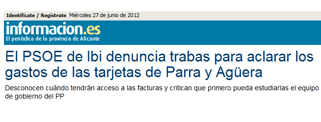Información: «El PSOE de Ibi denuncia trabas para aclarar los gastos de las tarjetas de Parra y Agüera»
