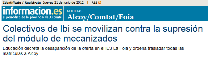 Información: «Colectivos de Ibi se movilizan contra la supresión del módulo de mecanizados»