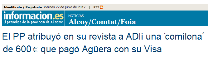 Información: «El PP atribuyó en su revista a ADIi una ‘comilona’ de 600 € que pagó Agüera con su Visa»