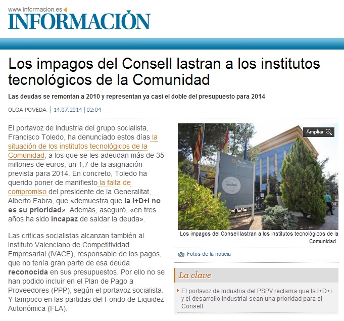Información: «Los impagos del Consell lastran a los institutos tecnológicos de la Comunidad»