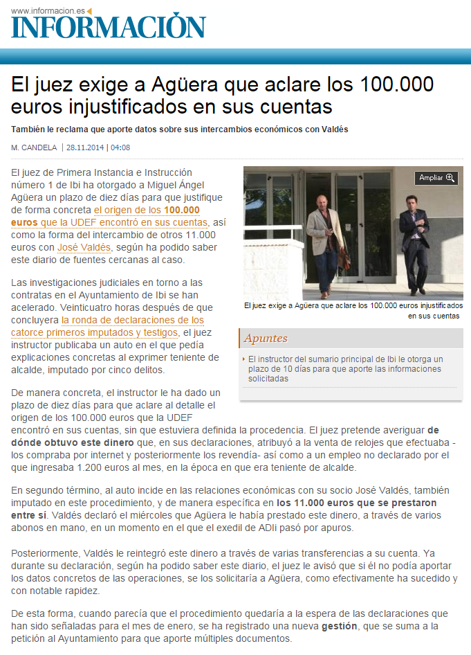 Información: «El juez exige a Agüera que aclare los 100.000 euros injustificados en sus cuentas»
