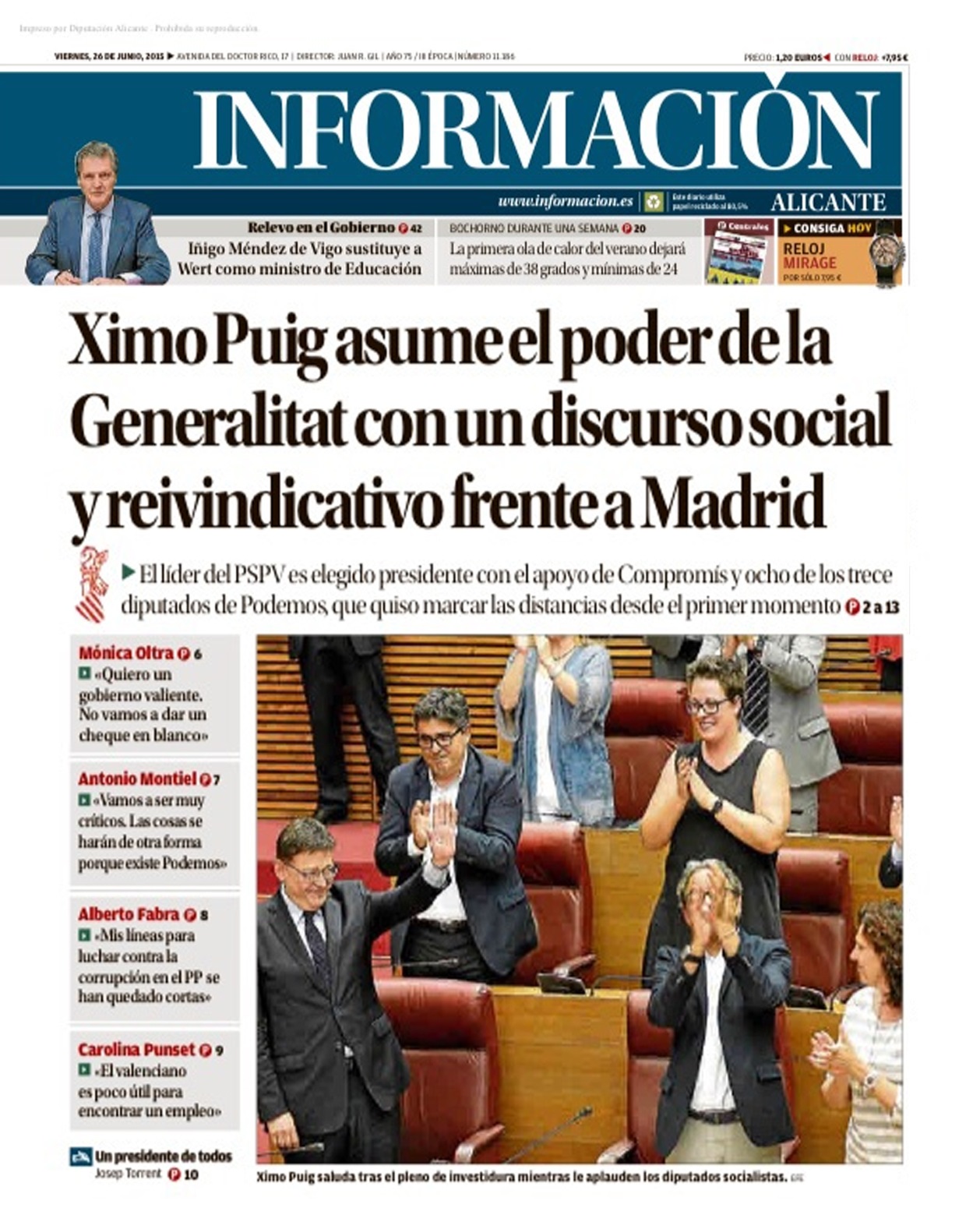 Información: «Ximo Puig toma el mando del Consell con un discurso social y firme contra Madrid»