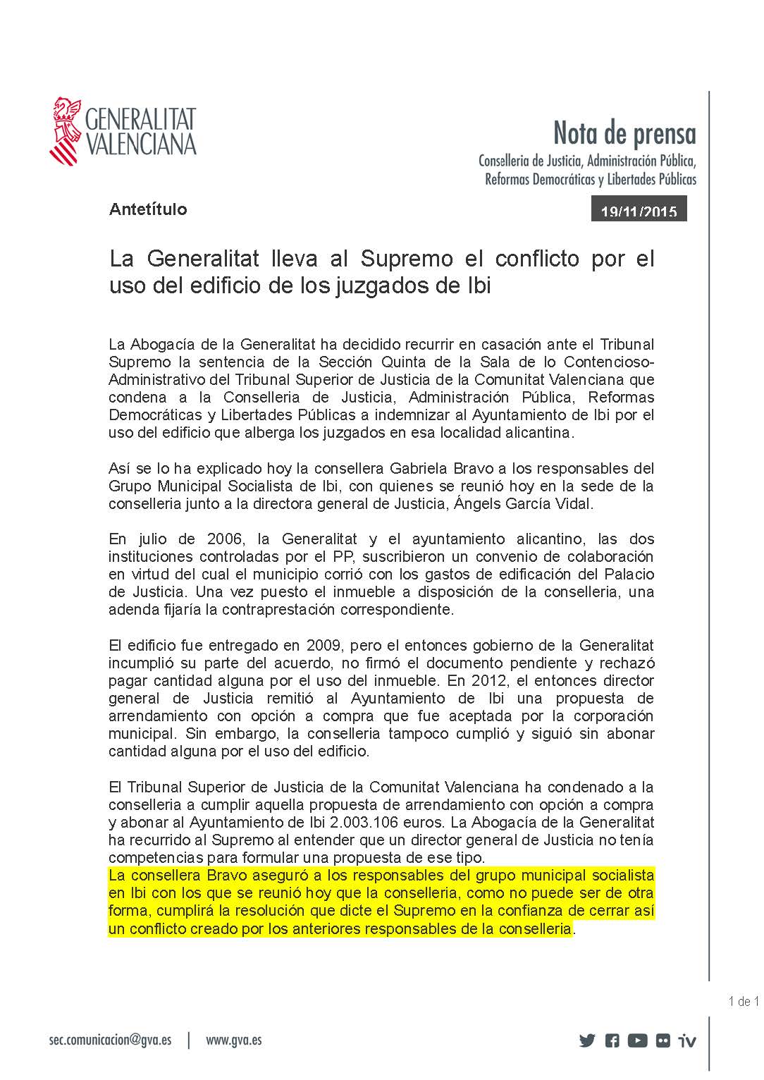 Nota de prensa Conselleria de Justicia