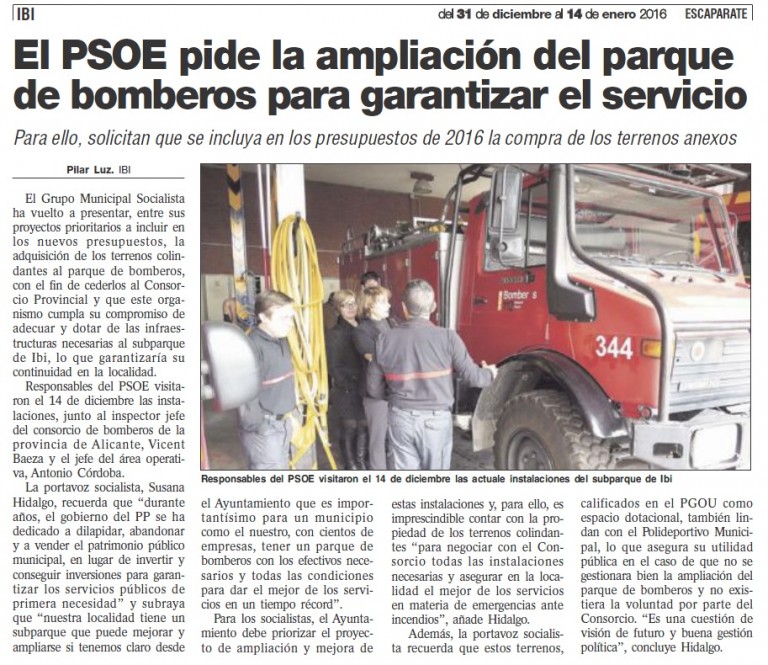Escaparate: «El PSOE pide la ampliación del parque de bomberos para garantizar el servicio»