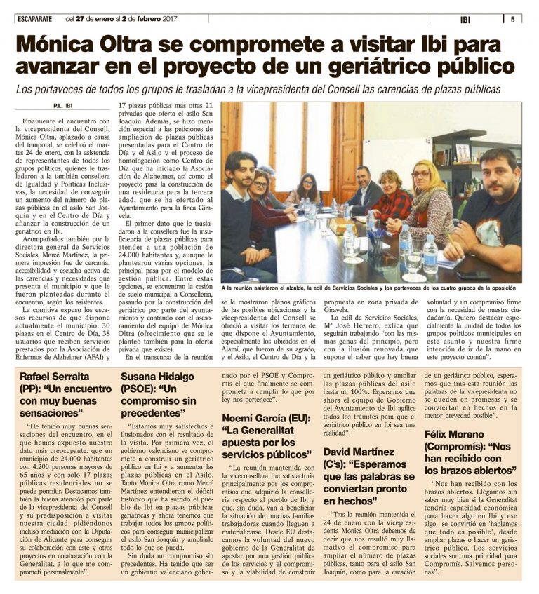 Escaparate: «Mónica Oltra se compromete a visitar Ibi para avanzar en el proyecto de un geriátrico público»