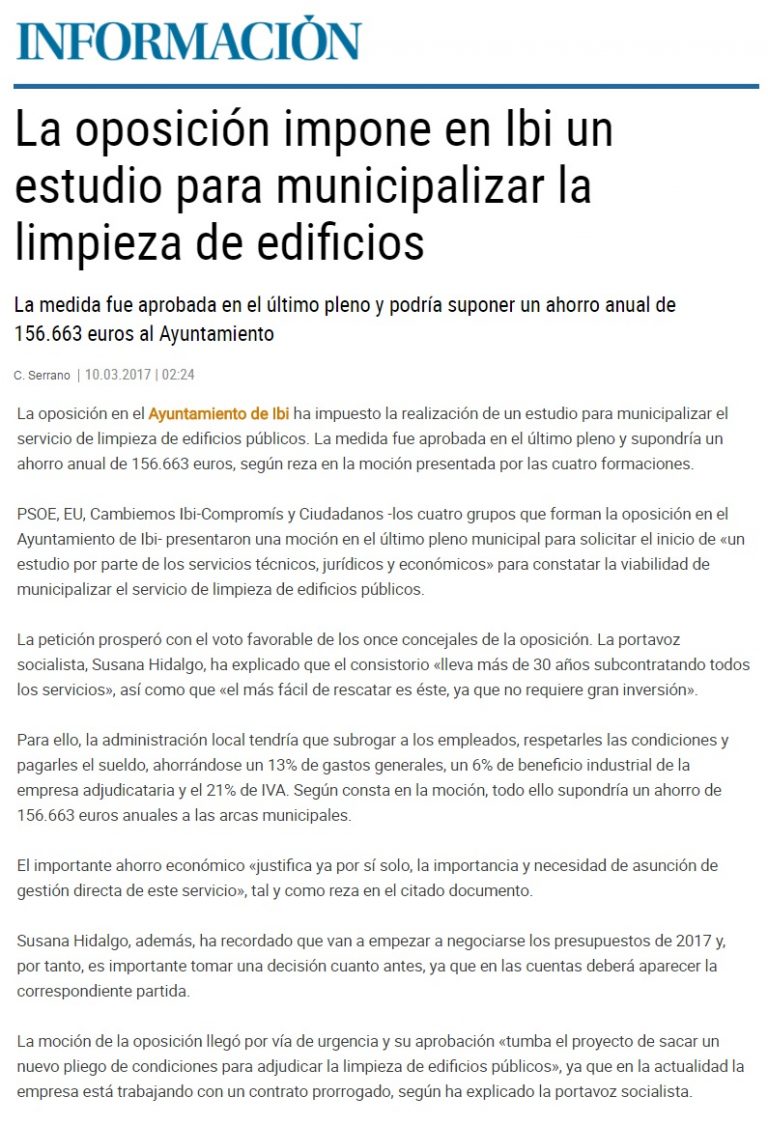 Información: «La oposición impone en Ibi un estudio para municipalizar la limpieza de edificios»