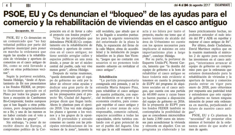 Escaparate: «PSOE, EU y Cs denuncian el “bloqueo” de las ayudas para el comercio y la rehabilitación de viviendas en el casco antiguo»