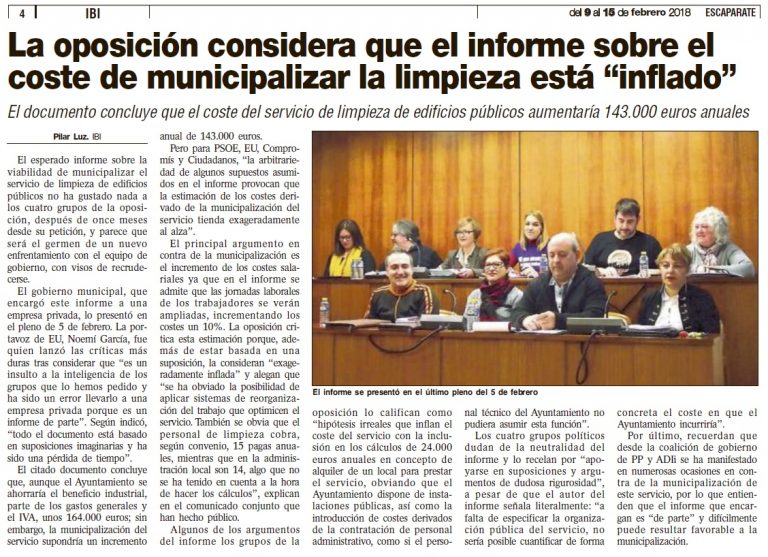 Escaparate: La oposición considera que el informe sobre el coste de municipalizar la limpieza está “inflado”