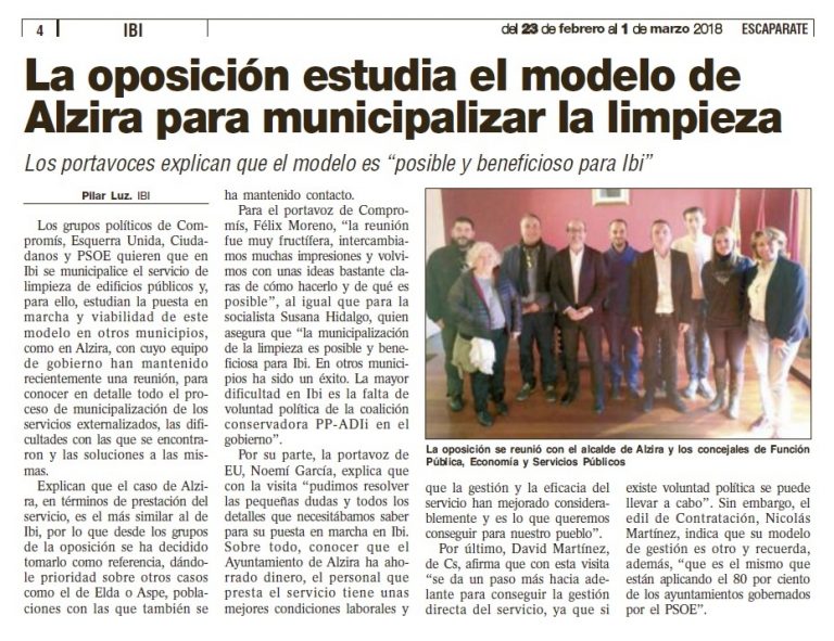 Escaparate: «La oposición estudia el modelo de Alzira para municipalizar la limpieza»