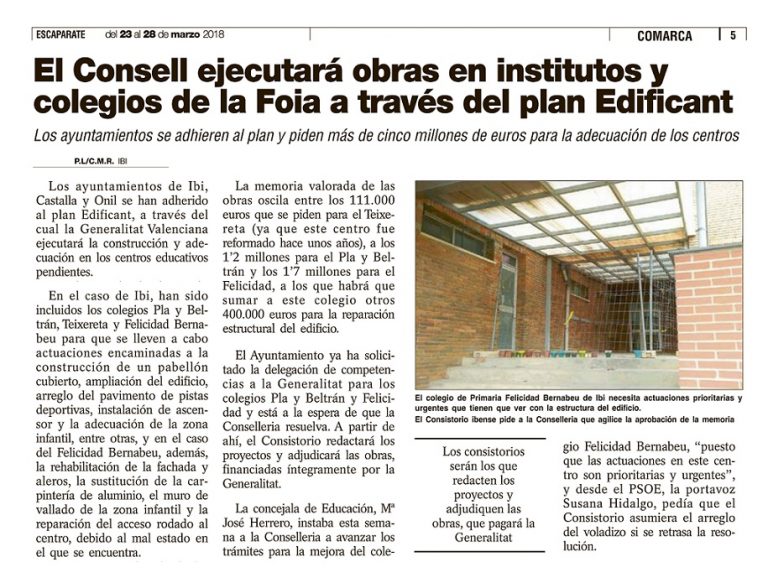 Escaparate: «El Consell ejecutará obras en institutos y colegios de la Foia a través del plan Edificant»