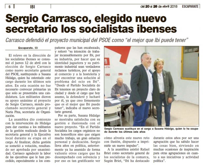 Escaparate: «Sergio Carrasco, elegido nuevo secretario los socialistas ibenses»