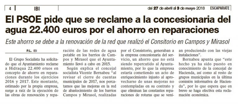 Escaparate: «El PSOE pide que se reclame a la concesionaria del agua 22.400 euros por el ahorro en reparaciones»