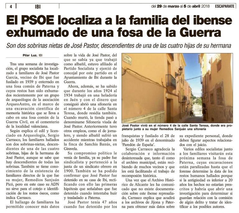 Escaparate: «El PSOE localiza a la familia del ibense exhumado de una fosa de la Guerra»