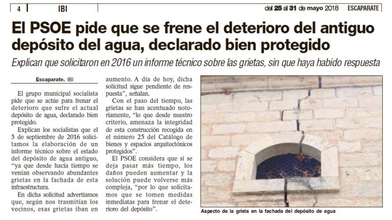 Escaparate: «El PSOE pide que se frene el deterioro del antiguo depósito del agua, declarado bien protegido»