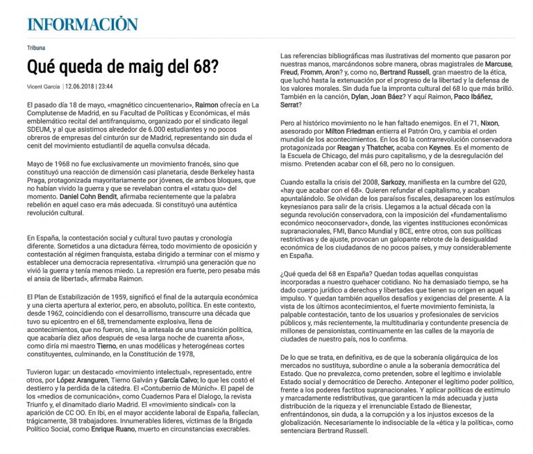 Información: «Qué queda de maig del 68?»