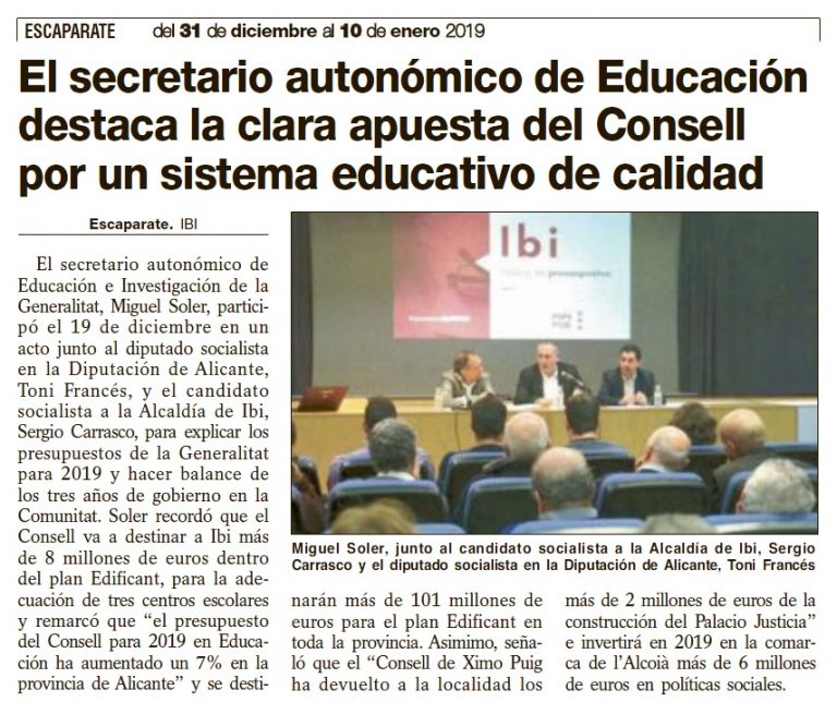 Escaparate: «El secretario autonómico de Educación destaca la clara apuesta del Consell por un sistema educativo de calidad»