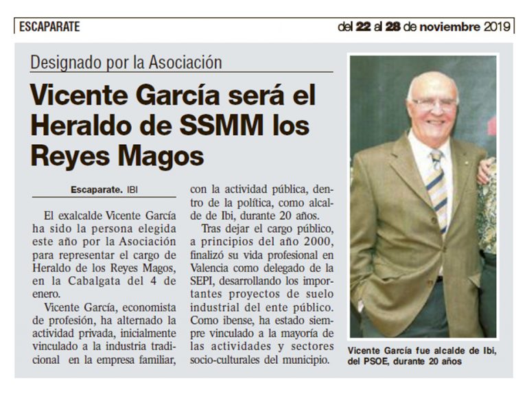 Vicente García será el Heraldo de SSMM los Reyes Magos