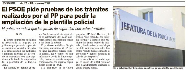 Escaparate: «El PSOE cpide pruebas de los trámites realizados por el PP para pedir la ampliación de la plantilla policial»